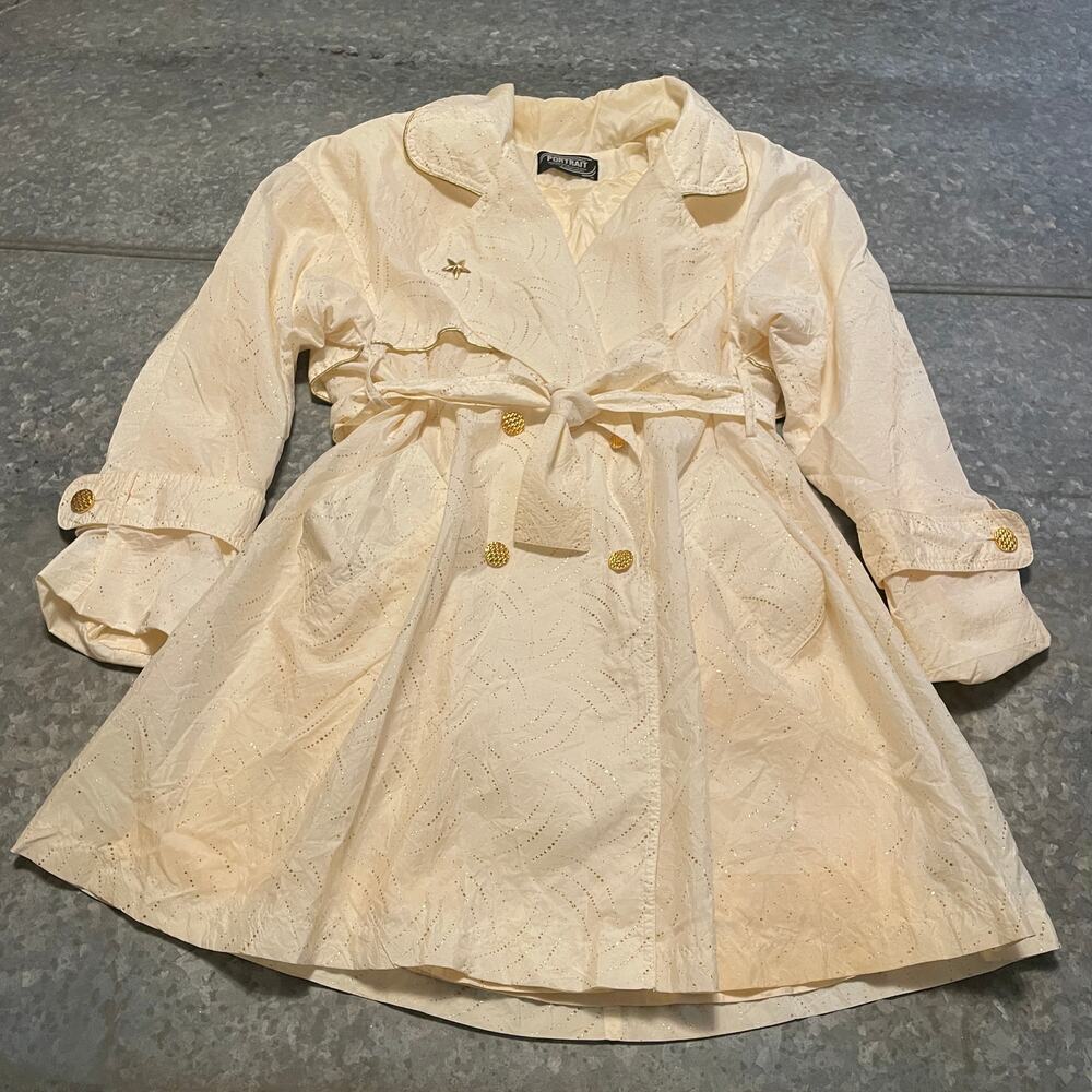 Vintage Portrait White Gold Trench Coat Womens Medium 10 Bling Sheer 80s Retro